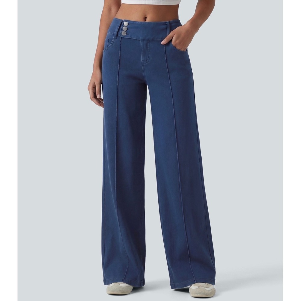 Halara Low Rise Straight Leg Blue Work Jeans Pockets Pintuck Large